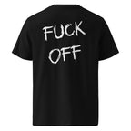 Czarna koszulka t-shirt z dużym białym napisem FUCK OFF na plecach, bawełna organiczna.