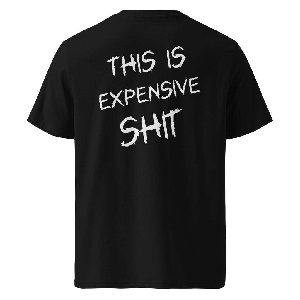Czarna koszulka t-shirt z dużym białym napisem THIS IS EXPENSIVE SHIT na plecach, bawełna organiczna premium.