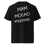 Czarna koszulka t-shirt organic cotton z dużym białym napisem MAM MOCNO WYJEBANE na plecach