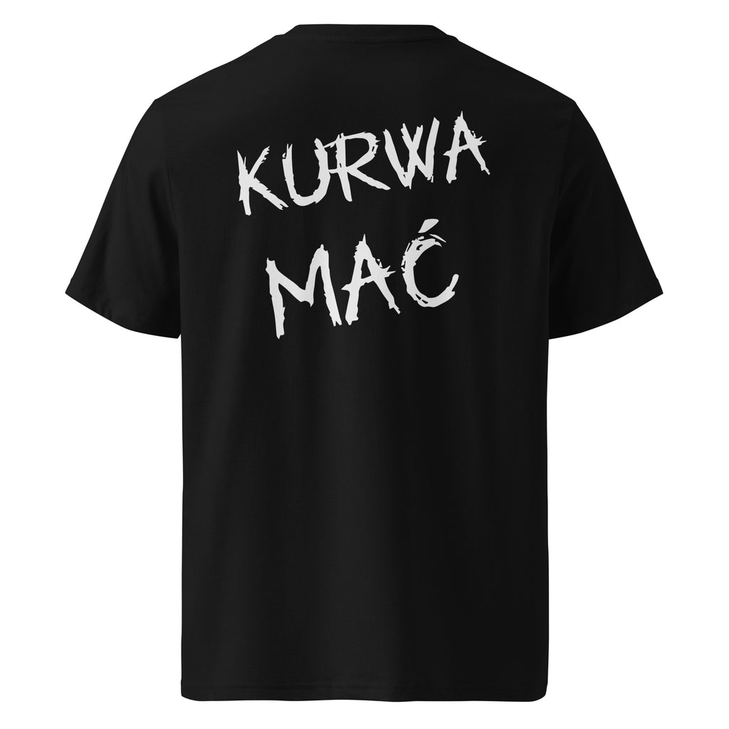 Tył czarnej koszulki unisex z napisem "KURWA MAĆ" białą czcionką stylizowaną na pędzel.