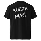 Tył czarnej koszulki unisex z napisem "KURWA MAĆ" białą czcionką stylizowaną na pędzel.