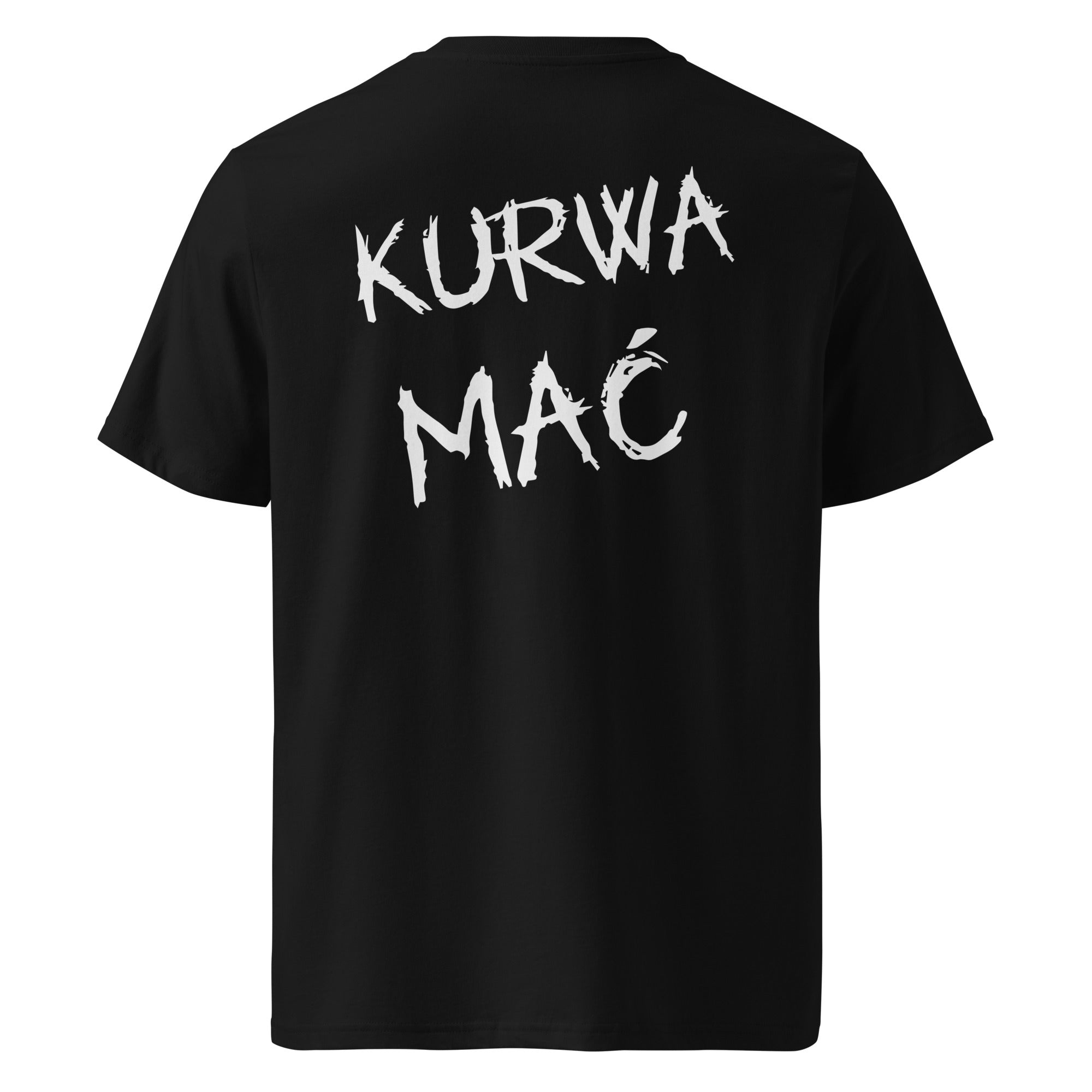 Tył czarnej koszulki unisex z napisem "KURWA MAĆ" białą czcionką stylizowaną na pędzel.