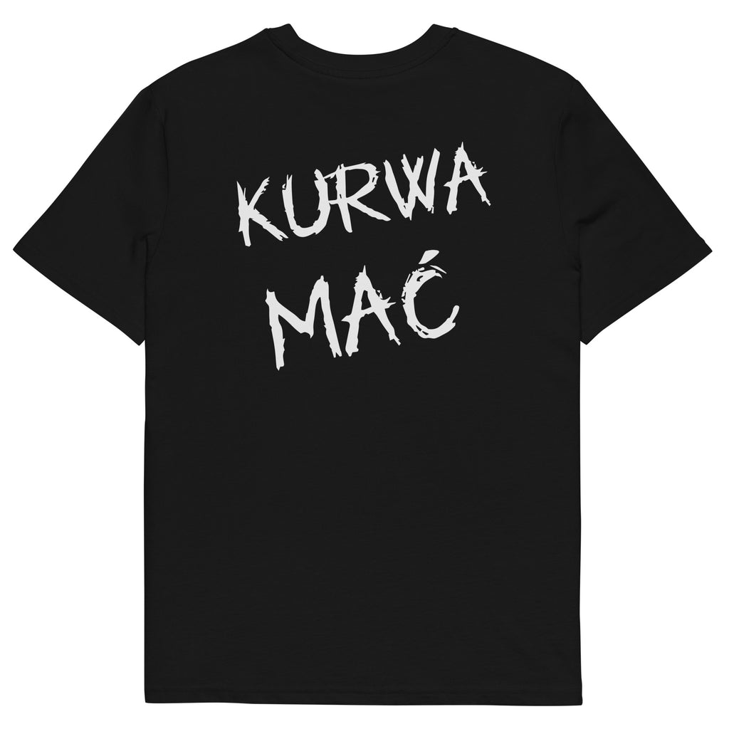 Tył czarnej koszulki unisex z napisem "KURWA MAĆ" białą czcionką stylizowaną na pędzel.