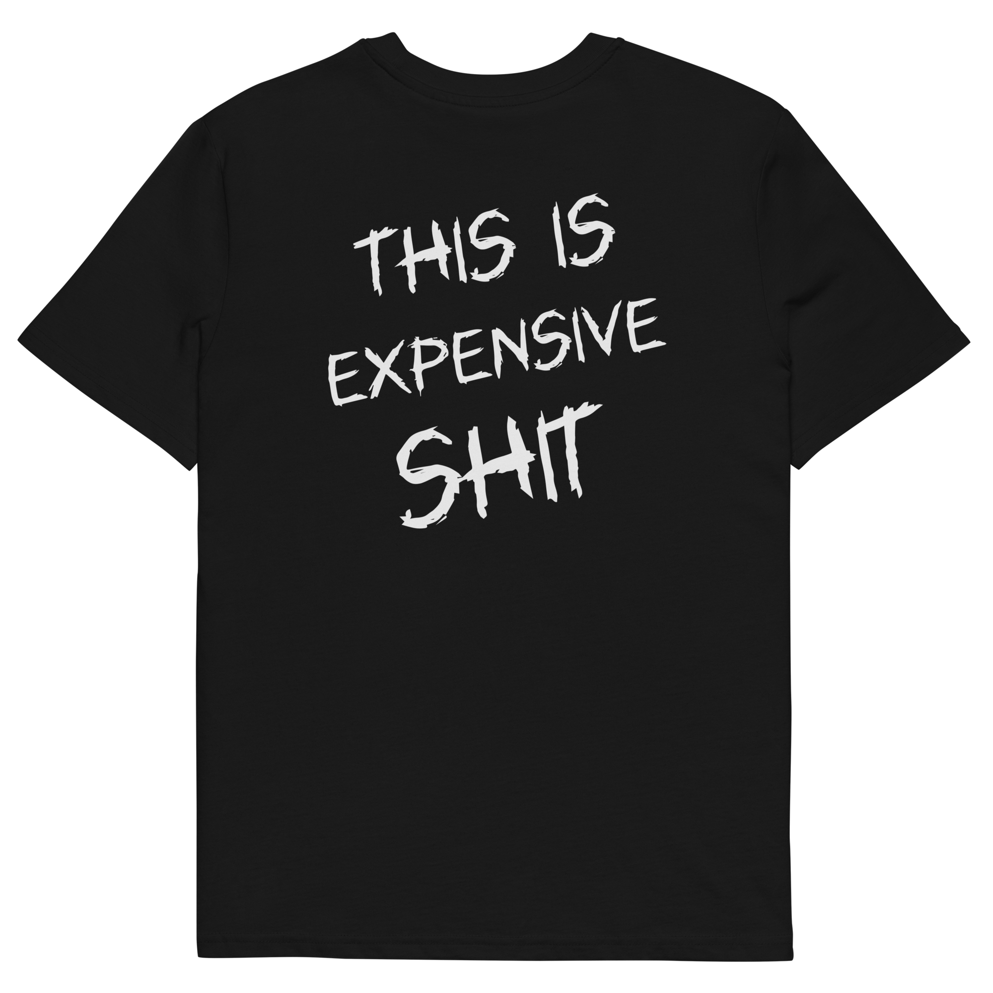 Czarna koszulka t-shirt z dużym białym napisem THIS IS EXPENSIVE SHIT na plecach, bawełna organiczna premium.