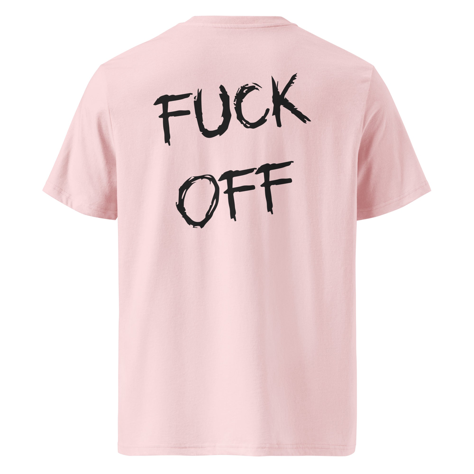 Różowa koszulka t-shirt z dużym czarnym napisem FUCK OFF na plecach, bawełna organiczna.