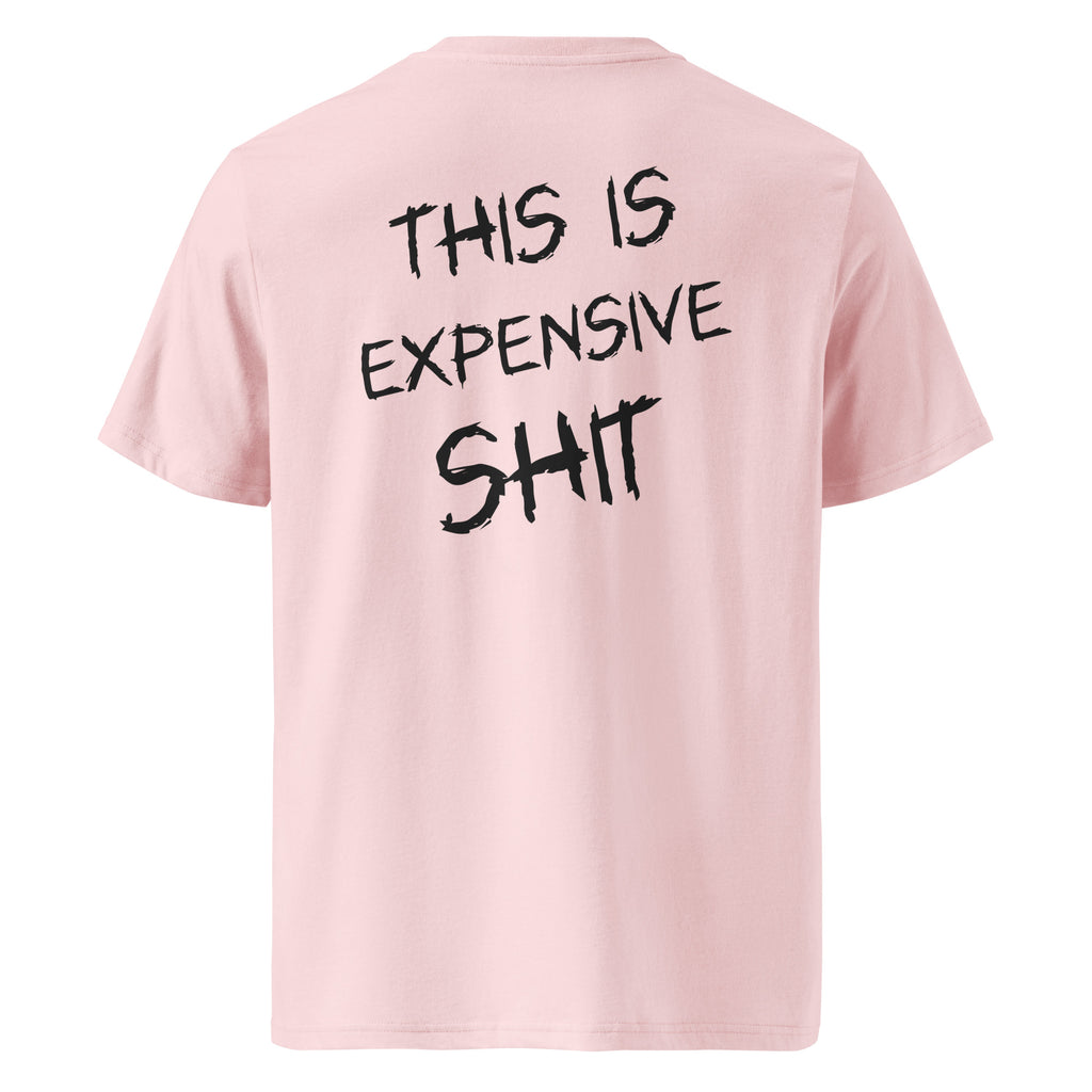 Różowa koszulka t-shirt z dużym czarnym napisem THIS IS EXPENSIVE SHIT na plecach, bawełna organiczna premium.