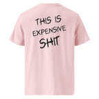 Różowa koszulka t-shirt z dużym czarnym napisem THIS IS EXPENSIVE SHIT na plecach, bawełna organiczna premium.