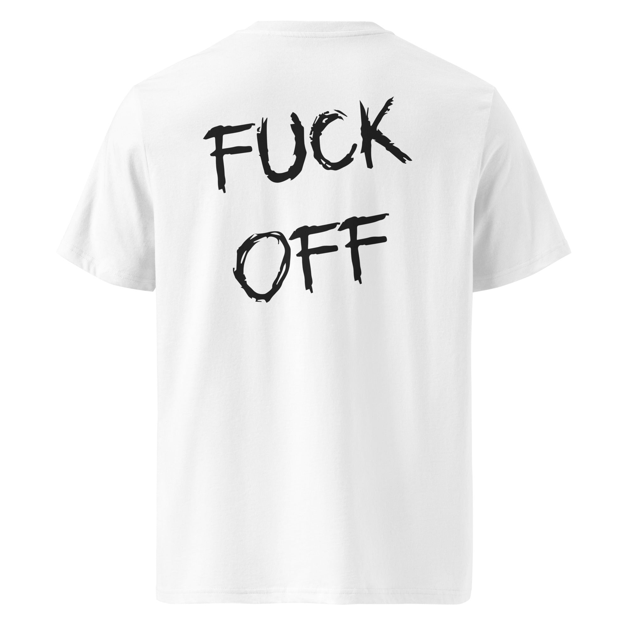 Biała koszulka t-shirt z dużym czarnym napisem FUCK OFF na plecach, bawełna organiczna.