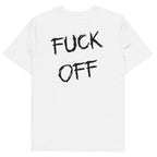Biała koszulka t-shirt z dużym czarnym napisem FUCK OFF na plecach, bawełna organiczna.