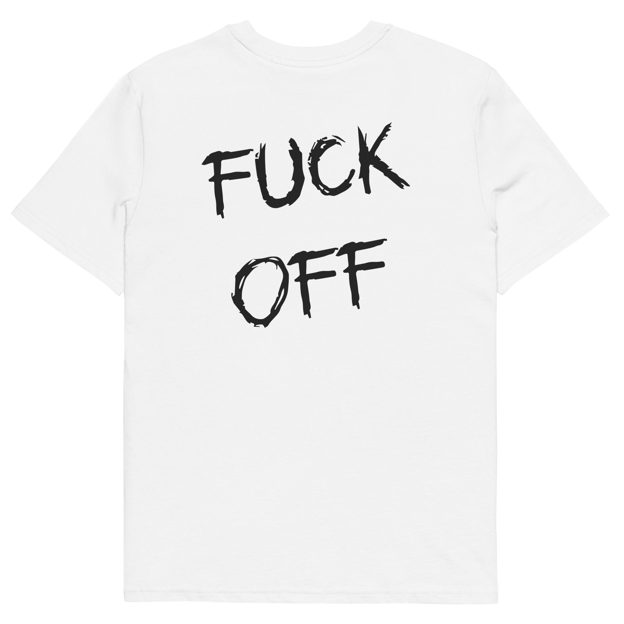 Biała koszulka t-shirt z dużym czarnym napisem FUCK OFF na plecach, bawełna organiczna.