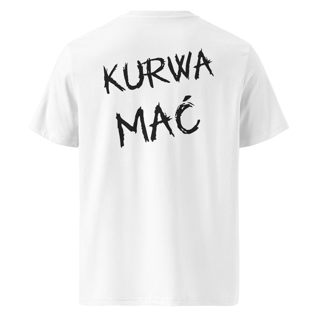 Tył białej koszulki unisex z napisem "KURWA MAĆ" czarną czcionką stylizowaną na pędzel.